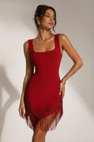 Women's red scoop neck fringe-hem bandage mini dress - photo 2