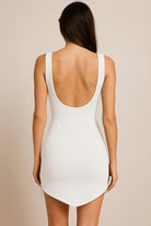 Women's white scoop neck fringe-hem bandage mini dress - open back