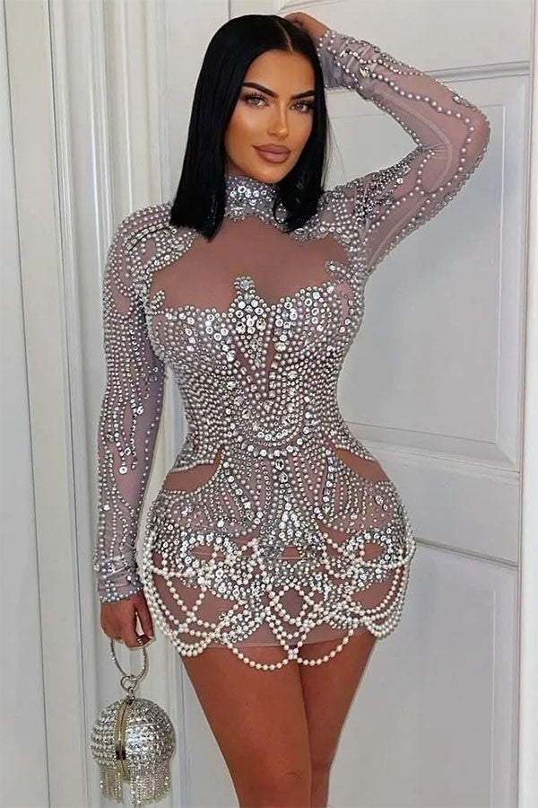 Women's Luxury Crystal Stone Sheer Mesh Mini Dress