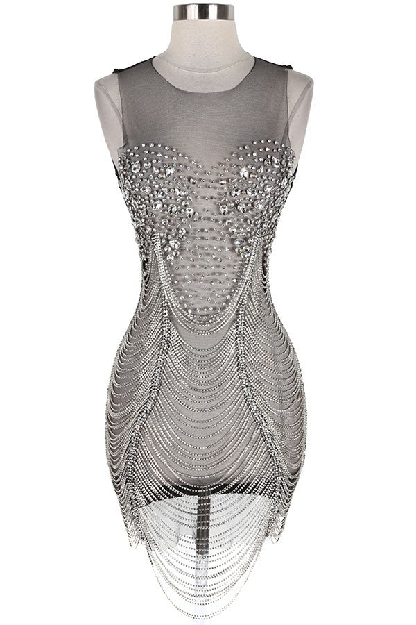 Women's Luxury Crystal Stone Sheer Mesh Mini Dress - photo 2