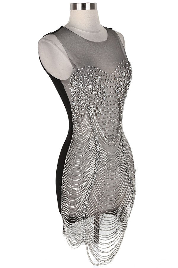 Women's Luxury Crystal Stone Sheer Mesh Mini Dress - photo 3