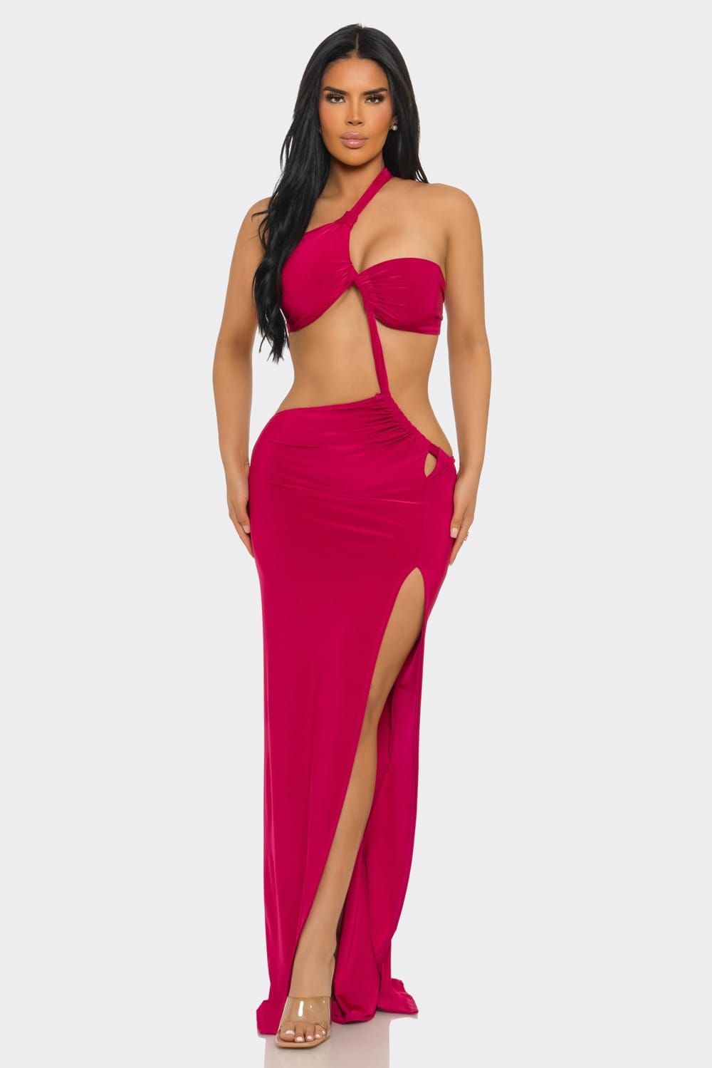 Women's Elara Studio One Shoulder Cutout Column Gown – front view