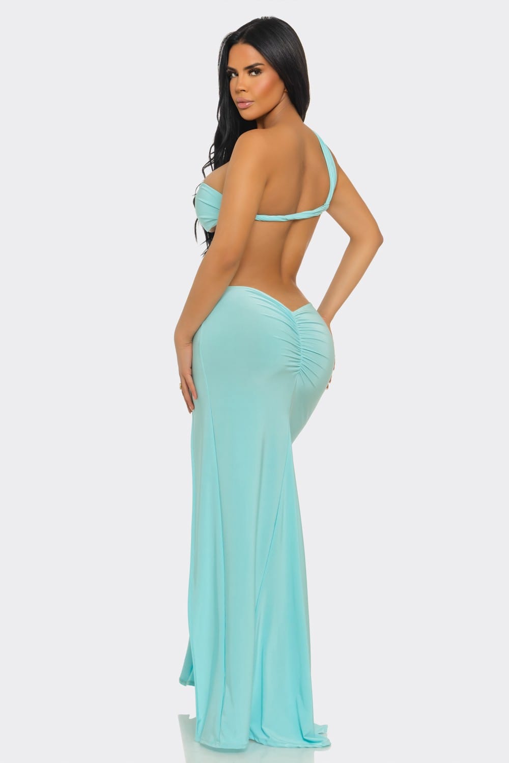 Women's Elara Studio One Shoulder Cutout Column Gown – detail view