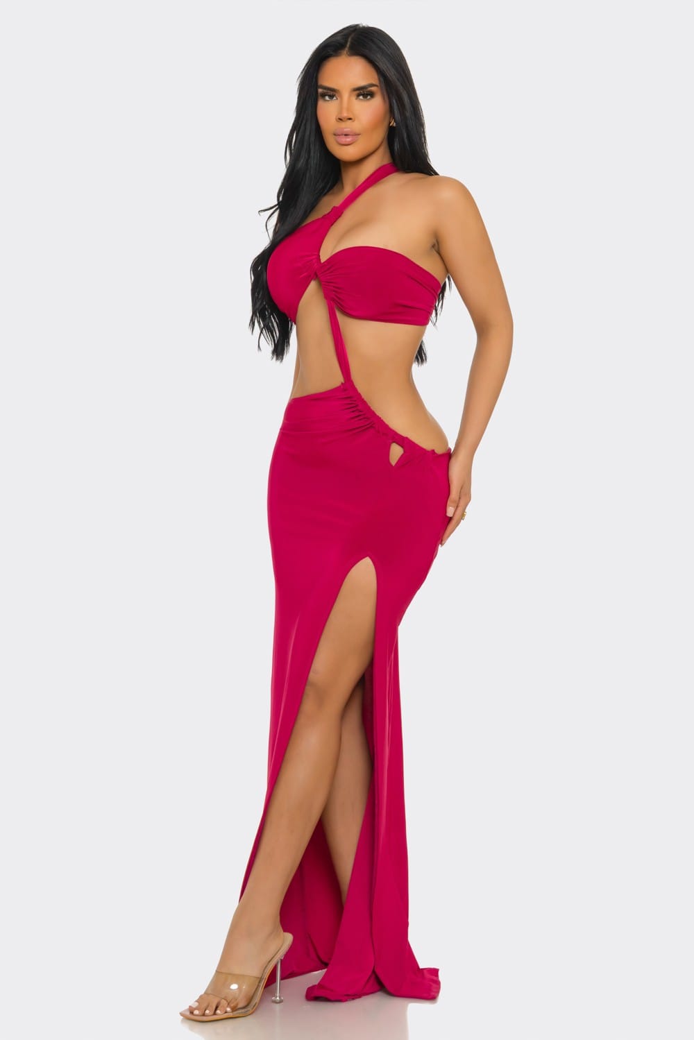Women's Elara Studio One Shoulder Cutout Column Gown – back view