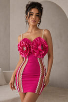 Women's hot pink strapless 3D rosette bandage mini dress