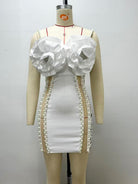 Women's white strapless 3D rosette bandage mini dress - detail