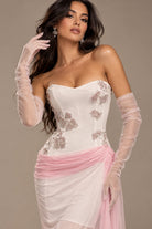 Women's white strapless rhinestone corset maxi dress with blush draped overlay
