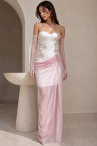 Women's white rhinestone corset maxi dress with blush overlay - side