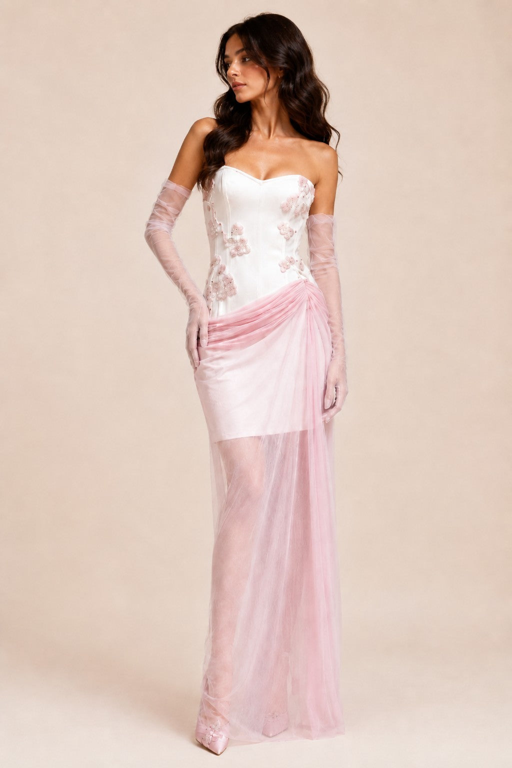 Women's white rhinestone corset maxi dress with blush overlay - full length