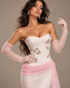 Women's white rhinestone corset maxi dress with blush overlay - photo 2