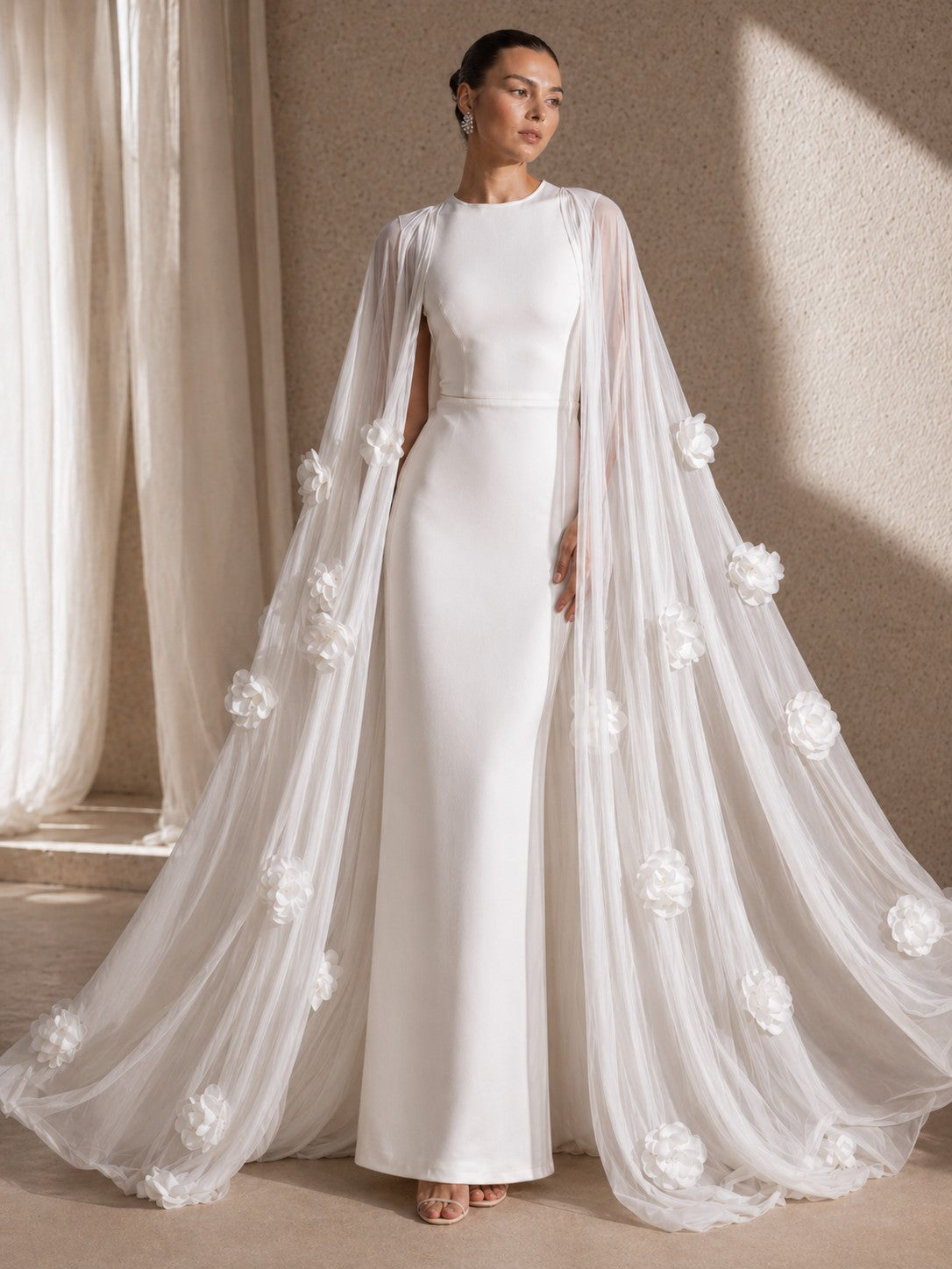 Women's white long sleeve maxi dress with 3D floral cape - photo 3