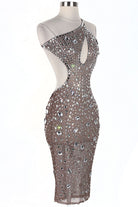 Women's Rhinestone Mesh One-Shoulder Midi Dress - photo 2
