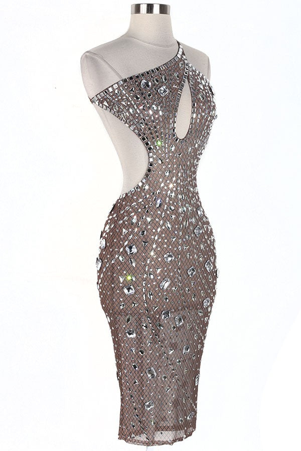Women's Rhinestone Mesh One-Shoulder Midi Dress - photo 2