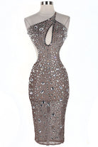 Women's Rhinestone Mesh One-Shoulder Midi Dress