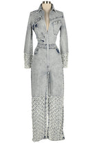 Women's Embellished Long Sleeve Zip-Front Denim Jumpsuit