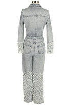 Women's Embellished Long Sleeve Zip-Front Denim Jumpsuit - photo 3