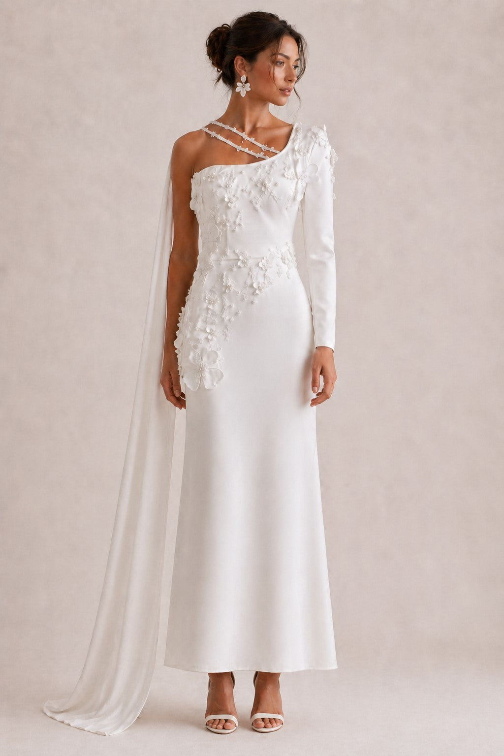 Women's white asymmetric lace applique cape-sleeve maxi dress - full length