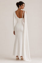 Women's white asymmetric lace applique cape-sleeve maxi dress - back