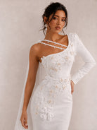 Women's white asymmetric lace applique cape-sleeve maxi dress - photo 2