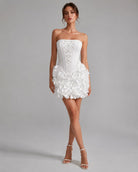Women's white strapless corset mini dress with 3D rose skirt - photo 2