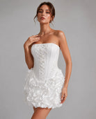 Women's white strapless corset mini dress with 3D rose ruffle skirt