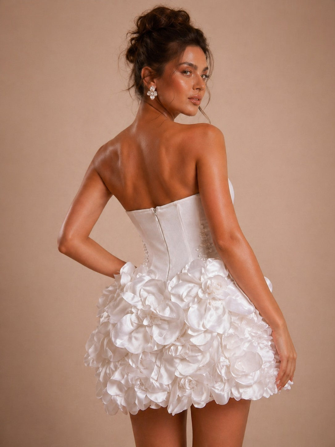 Women's white strapless corset mini dress with 3D rose skirt - back