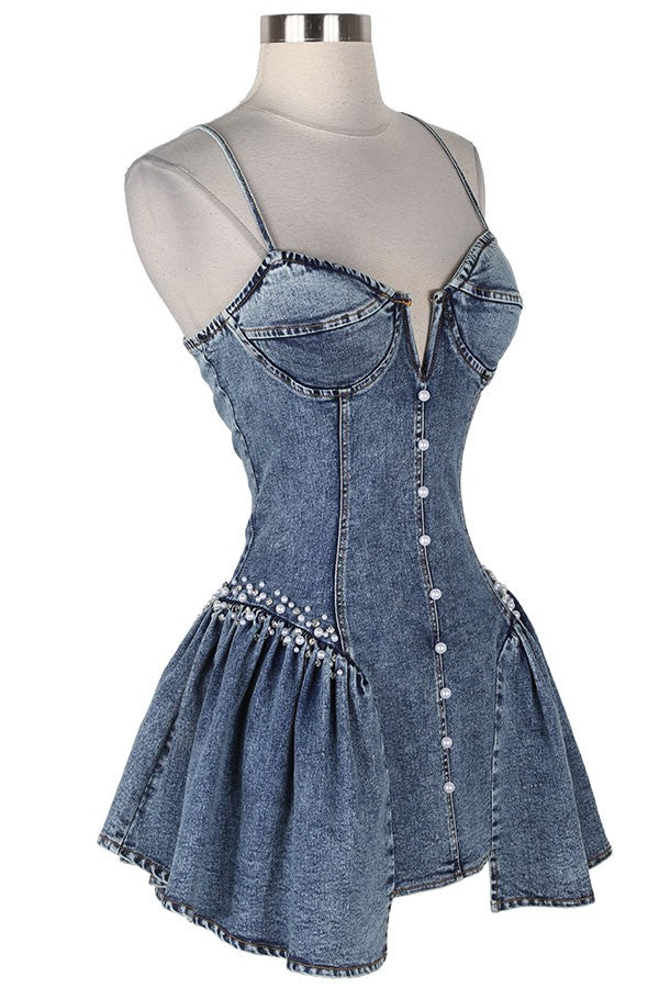 Women's Denim Corset Tiered Ruffle Mini Dress - photo 3