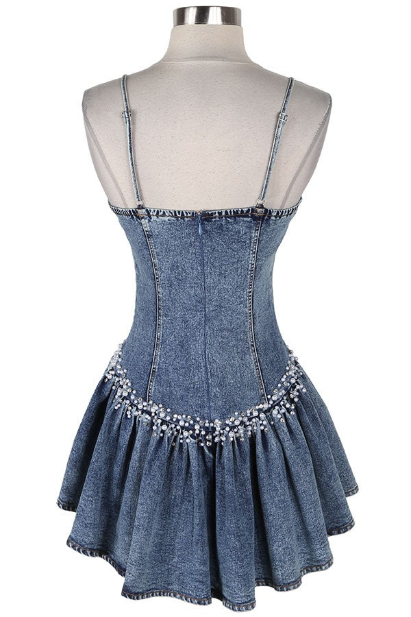Women's Denim Corset Tiered Ruffle Mini Dress - photo 4