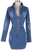 Women's Graphic Print Long Sleeve Zip-Front Denim Mini Dress