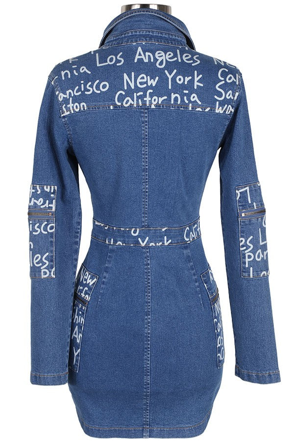 Women's Graphic Print Long Sleeve Zip-Front Denim Mini Dress - photo 3