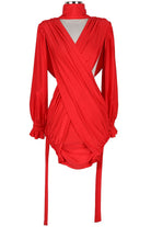Women's Plunge Long Sleeve Wrap Tie Mini Dress