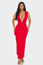 Women's Temptation Silhouette Plunge Neck Ruched High Slit Bodycon Dress – detail view