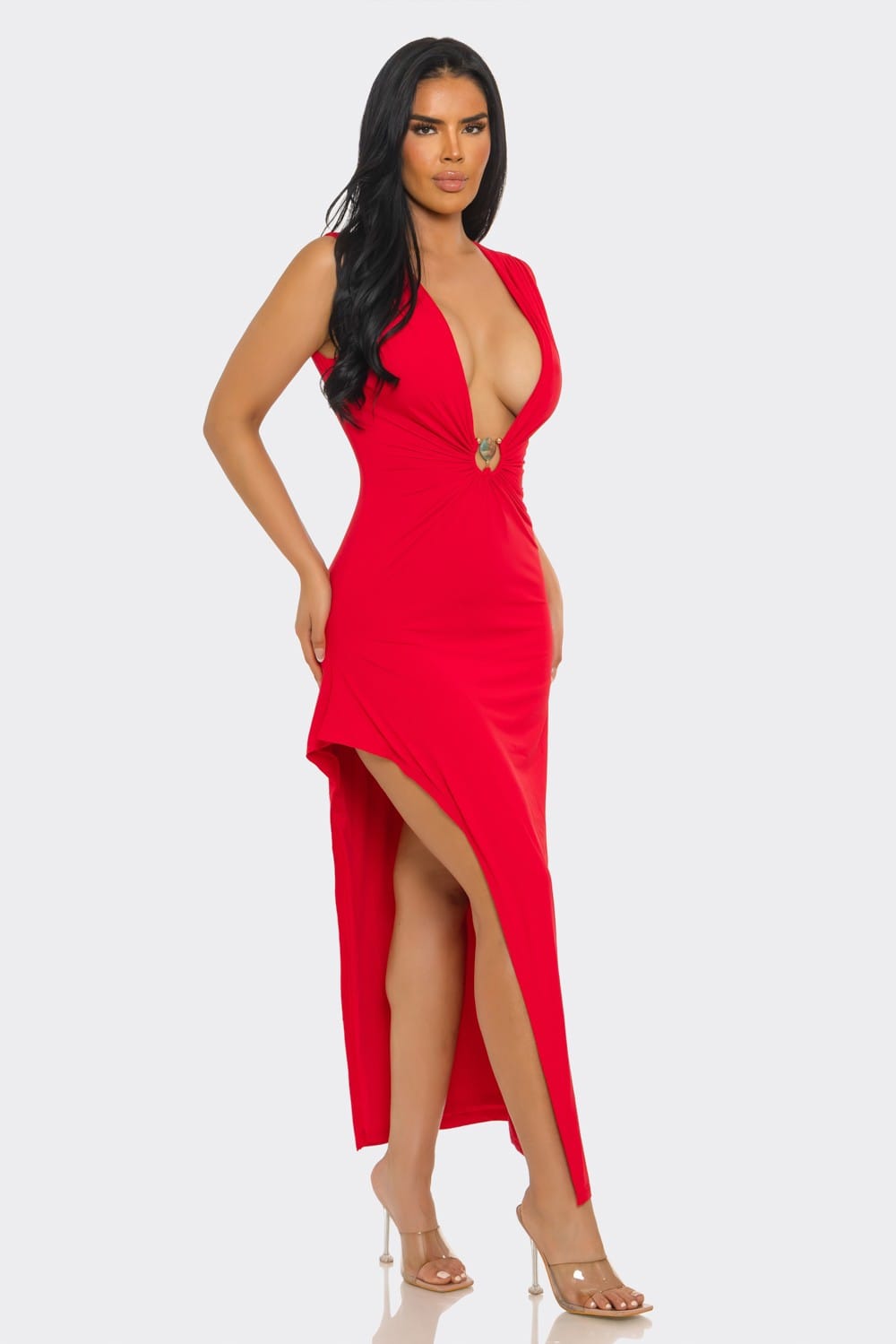 Women's Temptation Silhouette Plunge Neck Ruched High Slit Bodycon Dress – full-length view