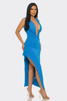 Women's Temptation Silhouette Plunge Neck Ruched High Slit Bodycon Dress – side view