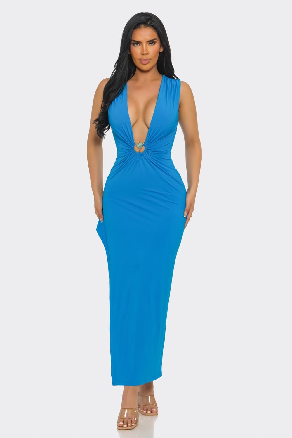 Women's Temptation Silhouette Plunge Neck Ruched High Slit Bodycon Dress – front view
