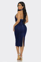 Women's Vanta Curve Denim Halter Cutout Buckle Midi Dress – detail view