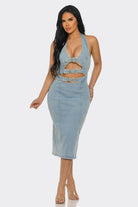 Women's Vanta Curve Denim Halter Cutout Buckle Midi Dress – front view