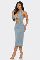 Women's Vanta Curve Denim Halter Cutout Buckle Midi Dress – side view