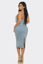 Women's Vanta Curve Denim Halter Cutout Buckle Midi Dress – back view
