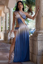 Women's blue combo ombre halter cutout slit maxi dress