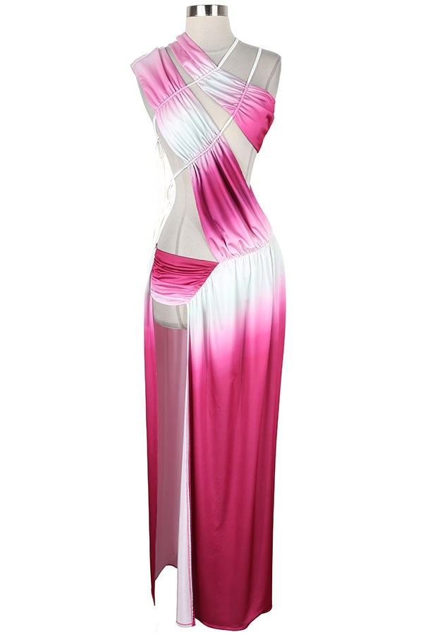 Women's pink combo ombre halter cutout slit maxi dress - photo 3
