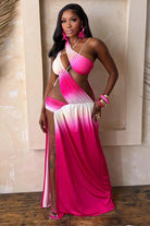 Women's pink combo ombre halter cutout slit maxi dress