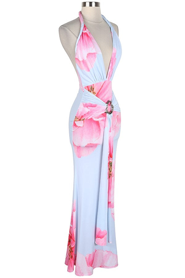Women's Floral Plunge Halter Slit Maxi Dress - photo 3