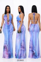 Women's Watercolor Print Halter Flowy Maxi Dress