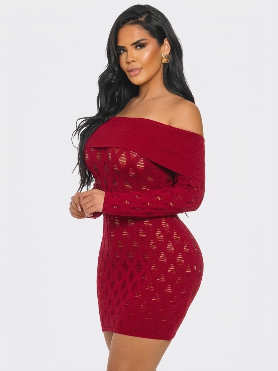 Women's Cozy Allure Off Shoulder Sweater Knit Mini Dress – full-length view