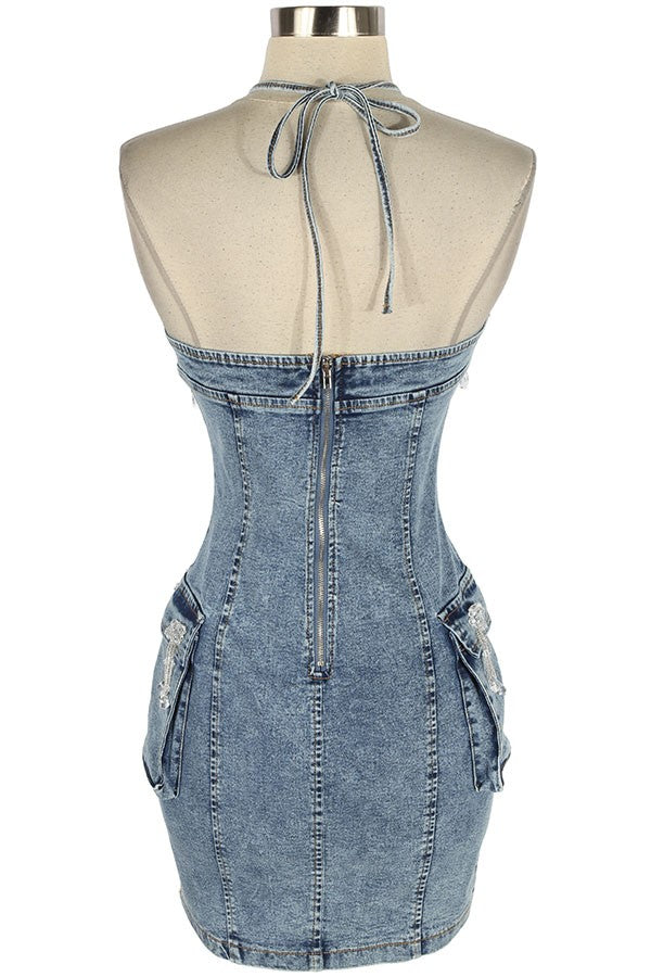 Women's Halter Acid Wash Denim Bodycon Mini Dress - photo 4