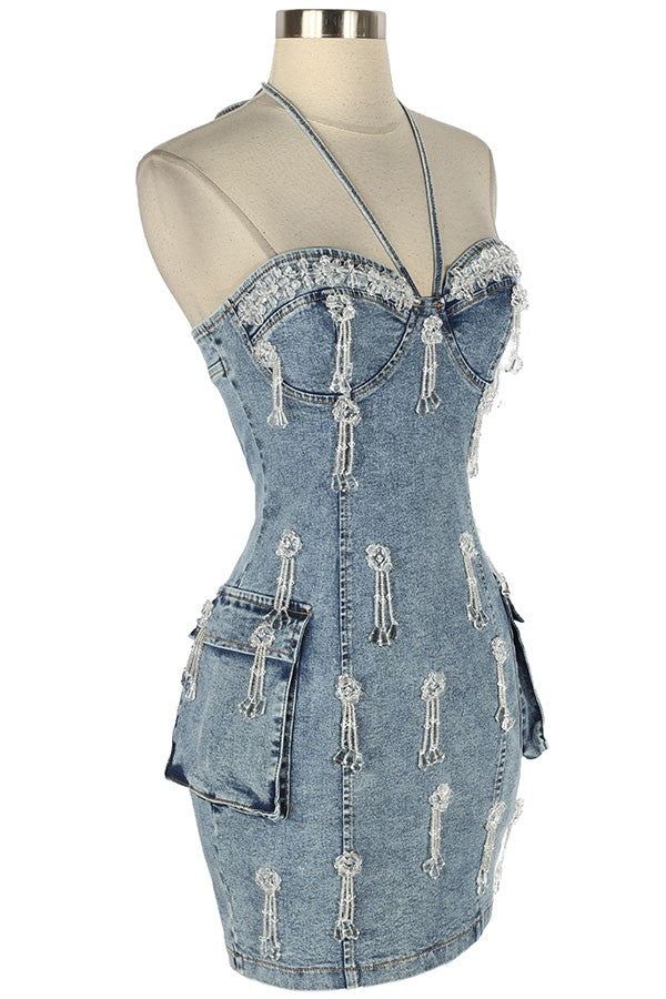 Women's Halter Acid Wash Denim Bodycon Mini Dress - photo 3
