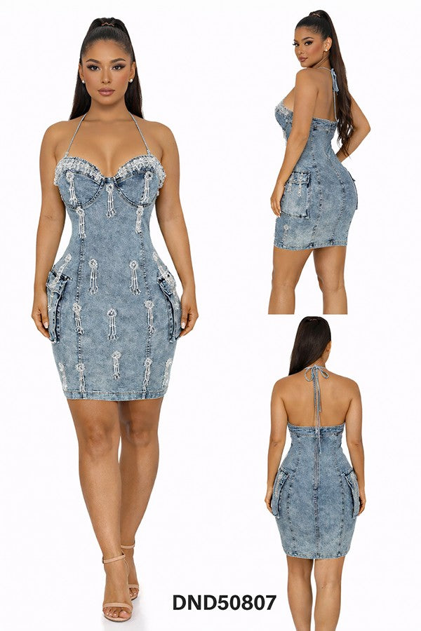 Women's Halter Acid Wash Denim Bodycon Mini Dress