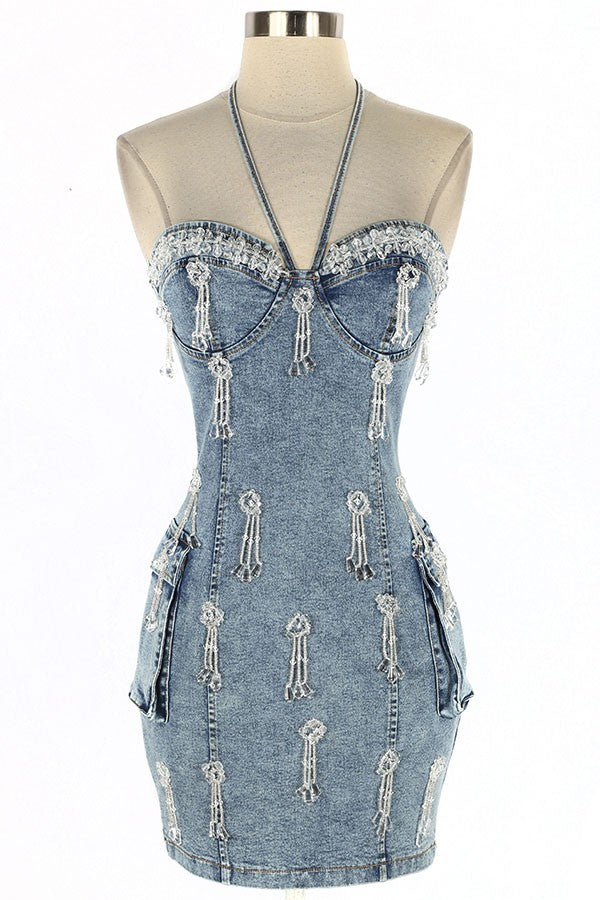 Women's Halter Acid Wash Denim Bodycon Mini Dress - photo 2