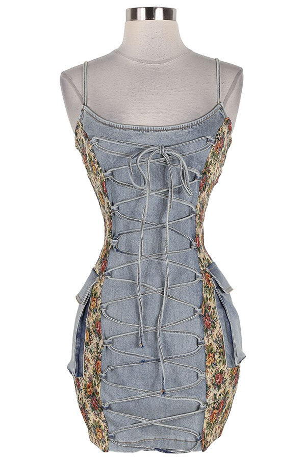 Women's Strapless Lace-Up Front Denim Bodycon Mini Dress - photo 2